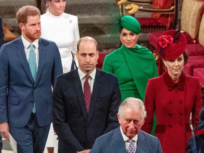 Once known as the Fab Four, Harry and Meghan are no longer on speaing terms with Prince William and Kate Middleton. Picture: AFP