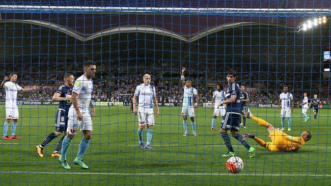 Melbourne City V Melbourne Victory, at AAMI park, Melbourne Derby, 13th February 2016, Melbourne Victory's Gui Finkler with the equaliser beating Melbourne City's Thomas Sorensen Picture : George Salpigtidis