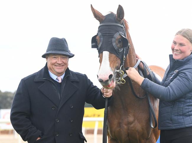 Tony McEvoy with Batrana  after winning  the Olive Interior Styling F&M BM64 Hcp at Sportsbet-Ballarat Racecourse on October 26, 2023 in Ballarat, Australia. (Photo by Pat Scala/Racing Photos via Getty Images)