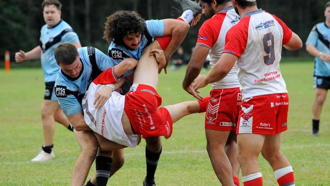 South Grafton halfback Keaton Stutt met in a heavy tackle during the clash with Woolgoolga.Picture: Leigh Jensen