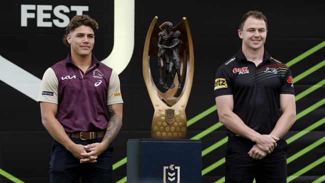 Reed Walsh and Dylan Edwards and on stage at the NRL Fan day at Circular Quay in Sydney ahead of Sunday's NRL Grand Final against Penrith. Pics Adam Head