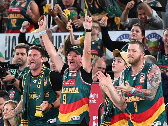 Fans celebrate during game two of the NBL Semi Final series between Tasmania Jackjumpers and New Zealand Breakers at MyState Bank Arena, on February 16, 2023, in Hobart, Australia. (Photo by Steve Bell/Getty Images)