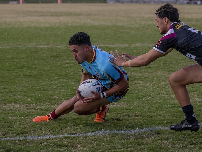 Tuvalli Khan-Pereira scoring a try for Keebra Park SHS in the Langer Cup against Marsden SHS. Picture: Jerad Williams