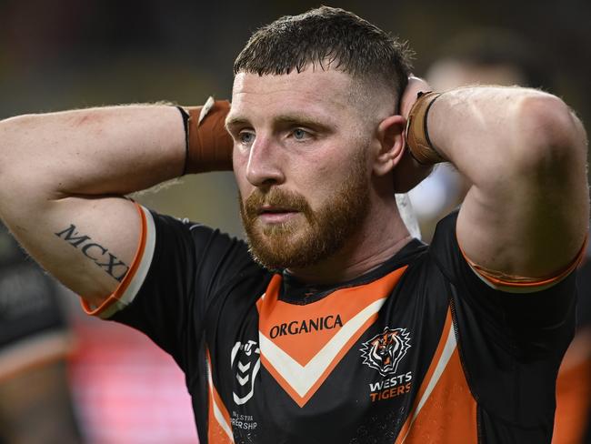 TOWNSVILLE, AUSTRALIA - JULY 24:  Jackson Hastings of the Tigers looks dejected after losing  the round 19 NRL match between the North Queensland Cowboys and the Wests Tigers at Qld Country Bank Stadium, on July 24, 2022, in Townsville, Australia. (Photo by Ian Hitchcock/Getty Images)