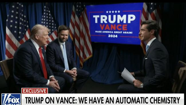 Donald Trump with his running mate JD Vance talking on the Jesse Watters Show. Picture: Fox News