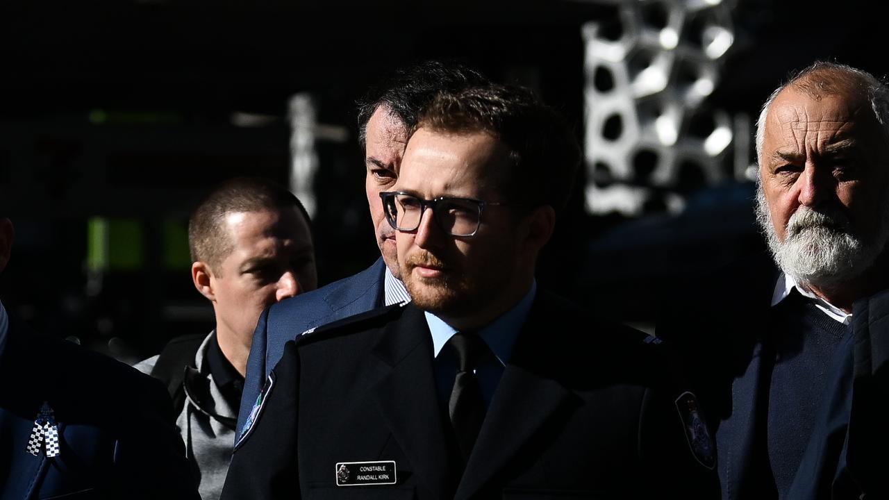 Constable Randall Kirk (centre) had his body worn footage rolling during the ambush. Picture: Dan Peled / NewsWire