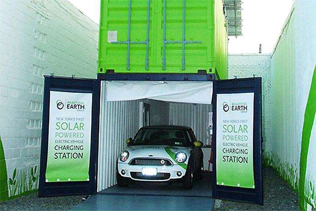 New York-based sustainable energy company Beautiful Earth Group, has made a solar powered electric vehicle station.  The stations is completely modular and off-grid, and is comprised of shipping containers that have been recycled specifically for this purpose. Picture: Lost at E Minor