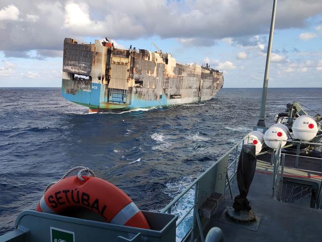 The merchant ship Felicity Ace adrift after a fire broke out on board. Picture: AFP