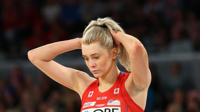 MELBOURNE, AUSTRALIA - JULY 08: Helen Housby of the Swifts looks dejected during the 2023 Super Netball Grand Final match between Adelaide Thunderbirds and NSW Swifts at John Cain Arena on July 08, 2023 in Melbourne, Australia. (Photo by Graham Denholm/Getty Images)