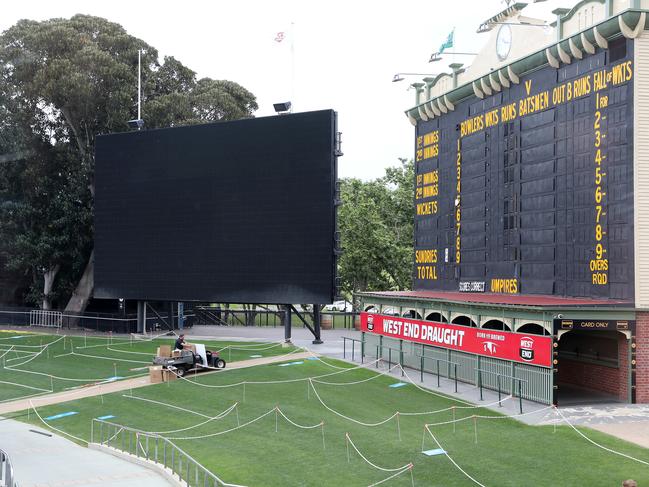 AFL - Adelaide Oval starts to put up the Pods that will be used for fans attending the preliminary final between Port Adelaide and Richmond who will be standing on the Hill in front of the Old Scoreboard. Picture: Sarah Reed