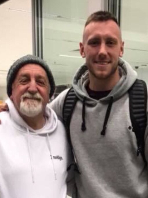 Mitch Creek and his dad Jeff on the day Creek flew to the US to chase his NBA dream in Brooklyn last September. Picture: Supplied.