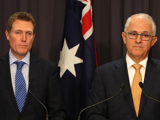 Christian Porter and then-PM Malcolm Turnbull holding a press conference at Parliament House in Canberra. Picture Kym Smith