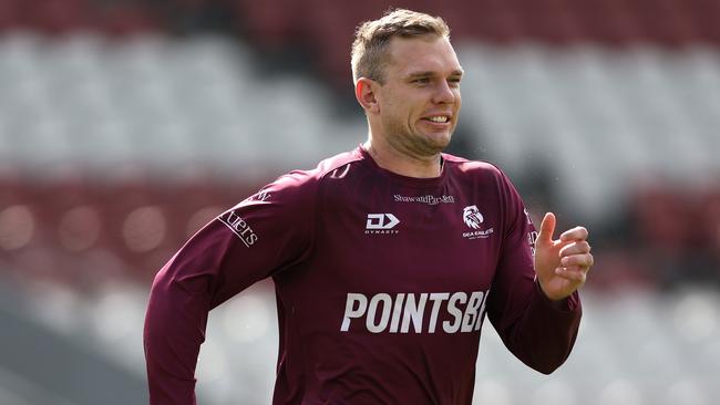 SYDNEY, AUSTRALIA - APRIL 16: Tom Trbojevic of the Sea Eagles performs drills during a Manly Sea Eagles NRL training session at 4 Pines Park on April 16, 2024 in Sydney, Australia. (Photo by Matt King/Getty Images)