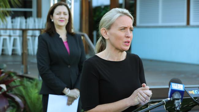 Premier Annastacia Palaszczuk watches as Tourism Minister Kate Jones speaks to the media at the Star Casino in Broadbeach. Picture: Glenn Hampson