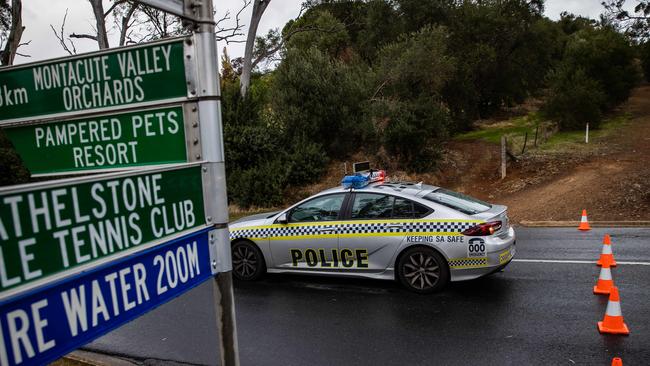 Police on the scene of the fatal crash on Montacute Road, Athelstone. Picture: Tom Huntley