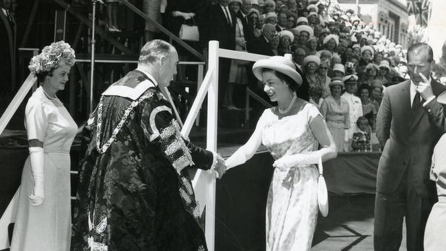 The Queen is greeted by the Lord Mayor Mr John Glover at the Adelaide Town Hall in 1963.