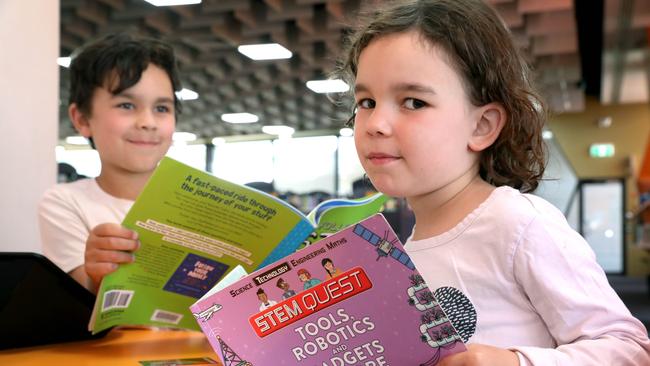 Premier Peter Malinauskas wants to get Nuclear programs into primary and high schools. At Marion Library, getting a head start, are brother and sister, Emilian and Hira. Picture Dean Martin