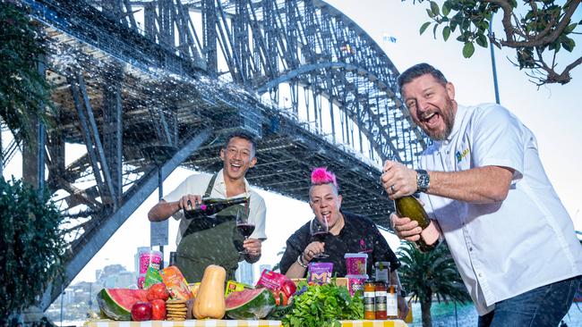 Brendan Pang, Manu Feildel and Anna Polyviou at the Good Food &amp; Wine Show in 2023. Picture: Christian Gilles