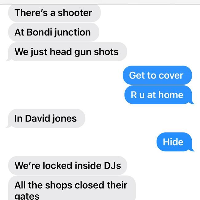 A text between a young girl and her parent as she desperately tried to hide from the attacker.