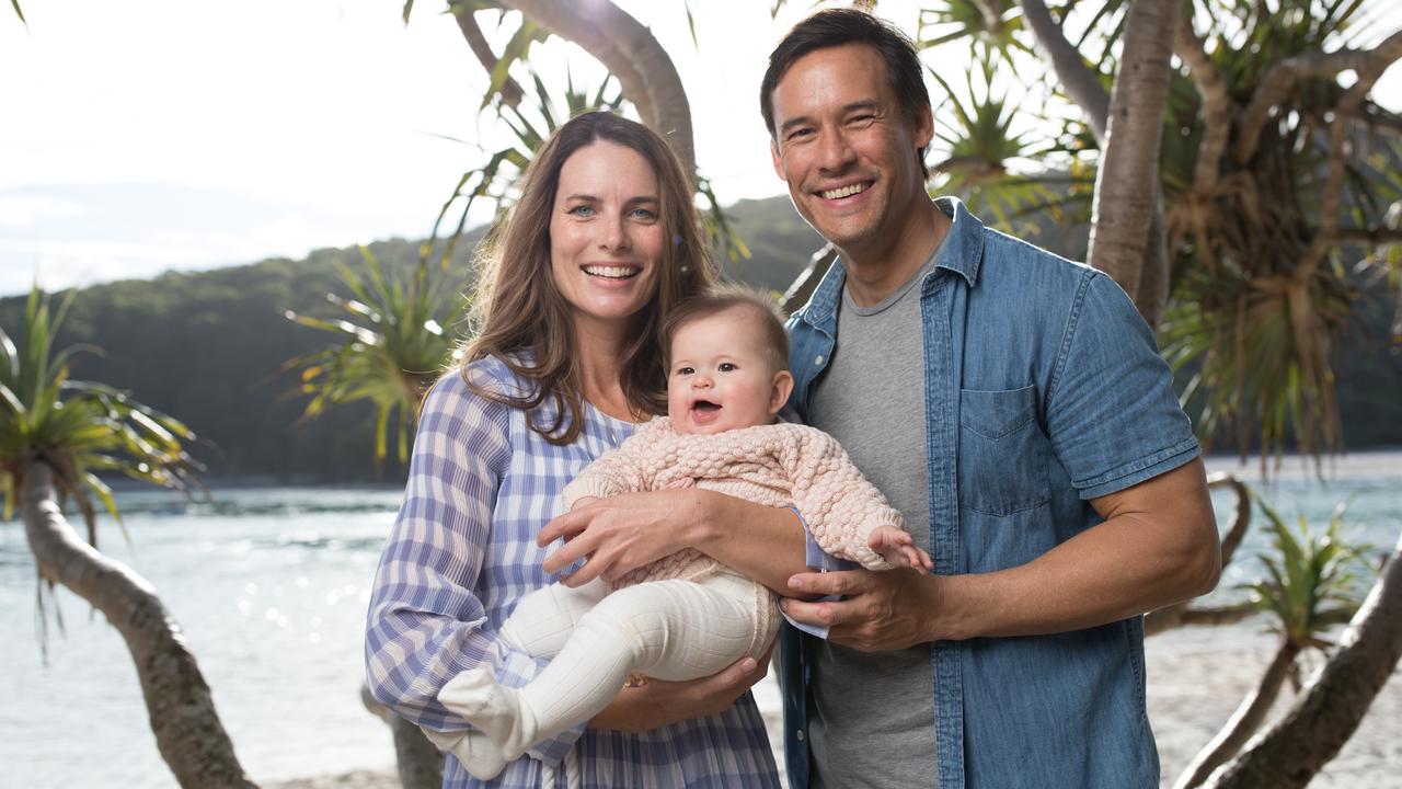 Actor Jolene Anderson with her baby Alice and partner Dan at Tallebudgera Creek, Gold Coast. Picture: David Kelly