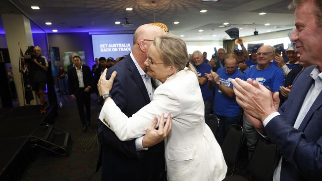 Opposition Leader Peter Dutton embraces Deputy Opposition Leader Sussan Ley following a Liberal Party campaign rally in the electorate of Hawke. Picture: Richard Dobson / NewsWire