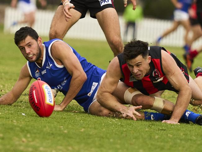 Bradley Coulson and James Jordan in the match between Rostrevor OC and St Peters at Campbelltown Memorial Oval in Paradise, Saturday, June 5, 2021. Picture: MATT LOXTON