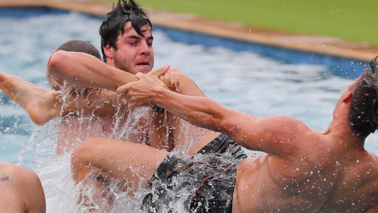 Darcy Fogarty wins this test of strength during Adelaide’s pre-season camp at Normanville. Picture: TAIT SCHMAAL.