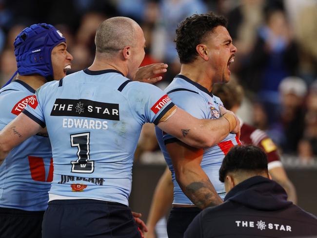 Latrell Mitchell (right) excelled on his return to the Origin arena. Photo: Michael Klein