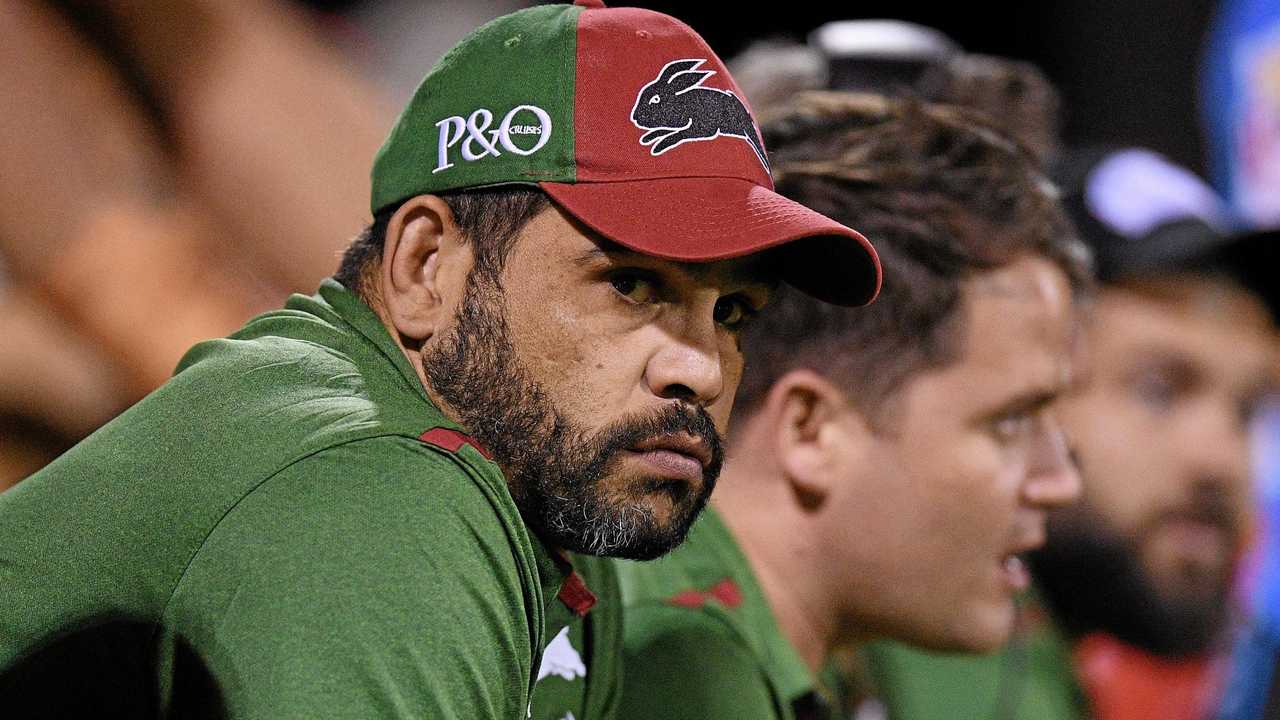 WATCHING ON: Greg Inglis looks on from the bench during the Charity Shield NRL pre-season match. Picture: DAN HIMBRECHTS