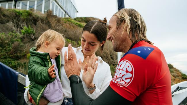 ‘She just likes to stir me that I fell in love straight away’: Owen Wright with wife Kita Alexander and daughter Rumi. Picture: Getty Images