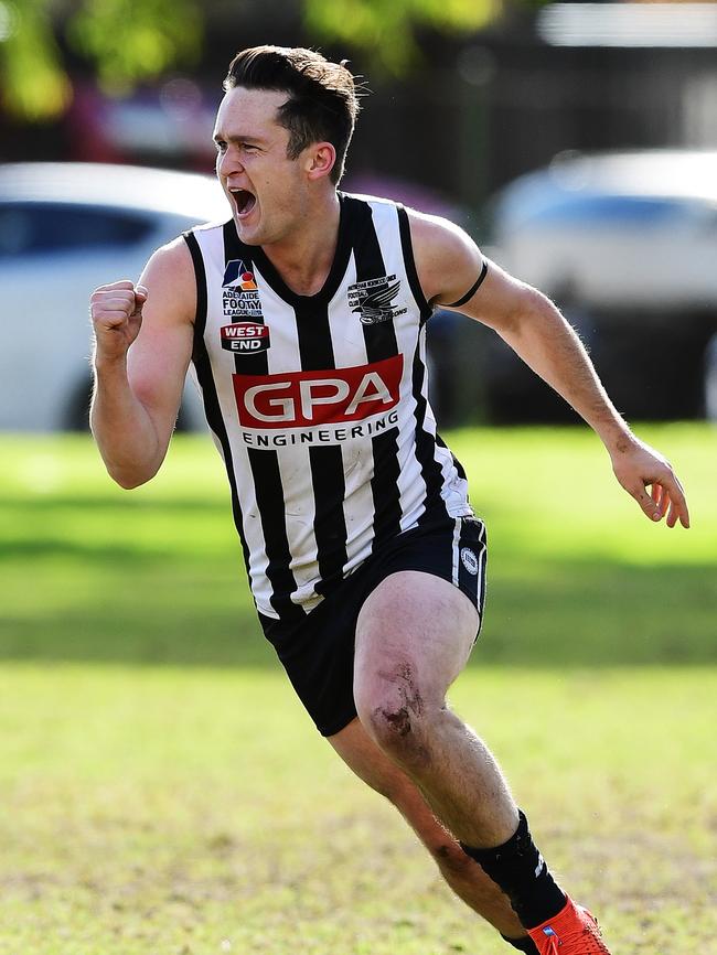 PNU forward Alex Forster of Payneham celebrates a crucial goal against Port District. Picture: AAP/Mark Brake