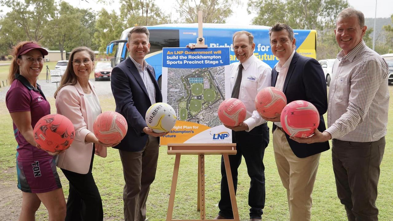 Rockhampton Netball Association President Simone Hitchcock, LNP Rockhampton candidate Donna Kirkland, Opposition Deputy Leader Jarrod Bleijie, Rockhampton Regional Council Mayor Tony Williams, LNP Keppel candidate Nigel Hutton and LNP Mirani candidate Glen Kelly at the LNP's $42 million announcement at Rockhampton CQUniversity campus. The LNP has committed to funding Stage 1 of the Rockhampton Sports Precinct, if elected at the October 2024 state election.