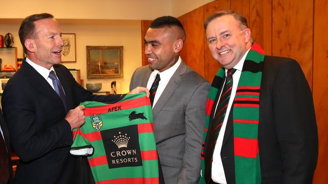 Tony Abbott, Rabbitohs Legend Nathan Merritt and Anthony Albanese.