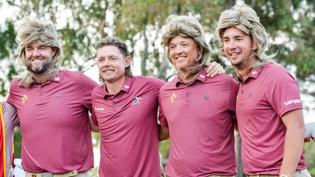 Australia's Marc Leishman, Cameron Smith, Matt Jones, and Lucas Herbert of Ripper GC pose in mullet wigs as they celebrate winning the team title after the final round of LIV Golf Adelaide. Picture: Brenton Edwards.