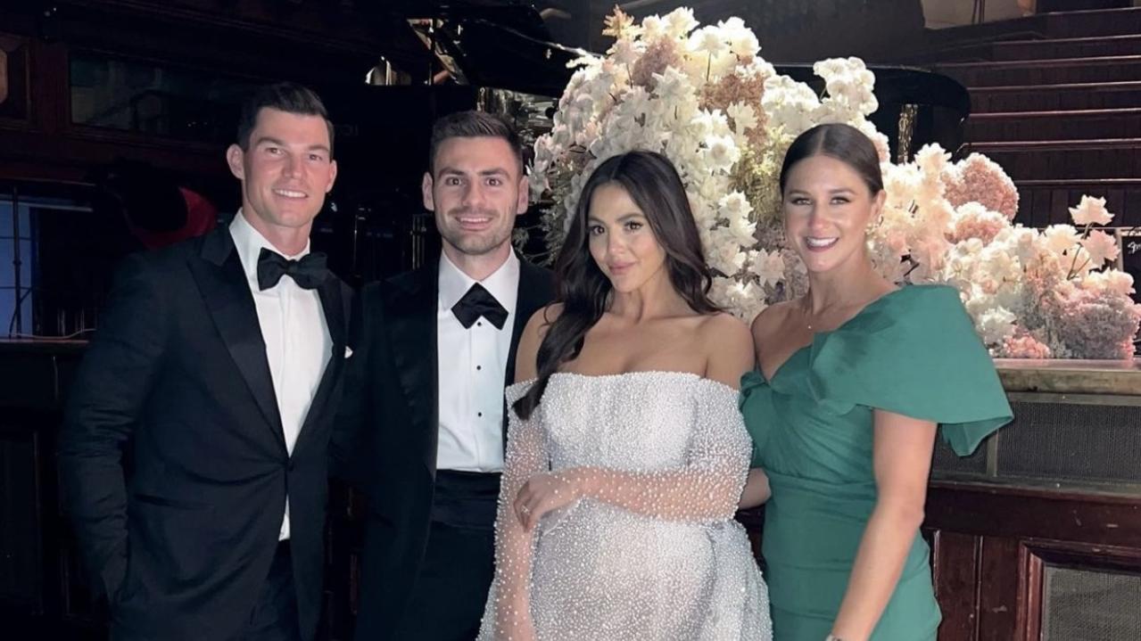 Jaeger O’Meara (far left) and his girlfriend Tory Packer (far right) at Stephen Coniglio and Rebecca Demlakian’s wedding in Sydney on Saturday night.