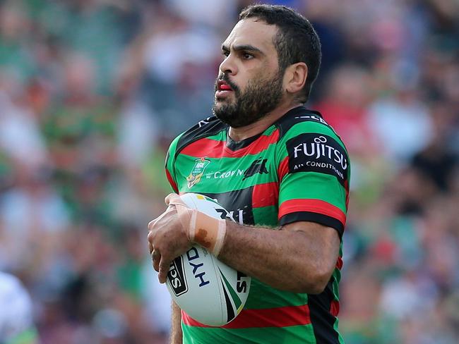 GOSFORD, AUSTRALIA - APRIL 21:  Greg Inglis of the Rabbitohs makes a break during the round seven NRL match between the South Sydney Rabbitohs and the Canberra Raiders  at Central Coast Stadium on April 21, 2018 in Gosford, Australia.  (Photo by Ashley Feder/Getty Images)