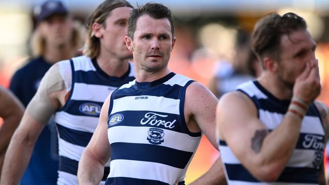 Patrick Dangerfield looks dejected after the Geelong’s third consecutive defeat. Picture: Matt Roberts/AFL Photos/Getty Images