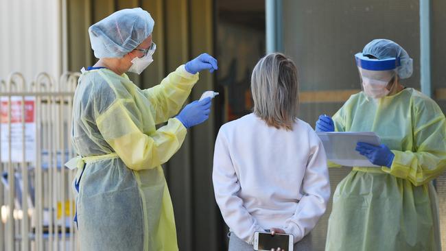 Hospital staff test people outside the Tanunda War Memorial Hospital. Picture: David Mariuz