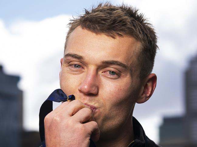 MELBOURNE, AUSTRALIA - SEPTEMBER 19: Patrick Cripps of the Carlton Blues poses during a media opportunity after winning last night's Brownlow Medal, at Crown Entertainment Complex on September 19, 2022 in Melbourne, Australia. (Photo by Daniel Pockett/Getty Images)