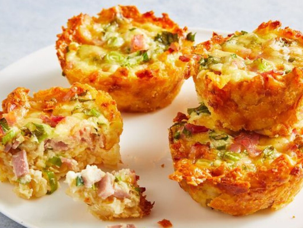 Cheesy potato crust quiche nests.