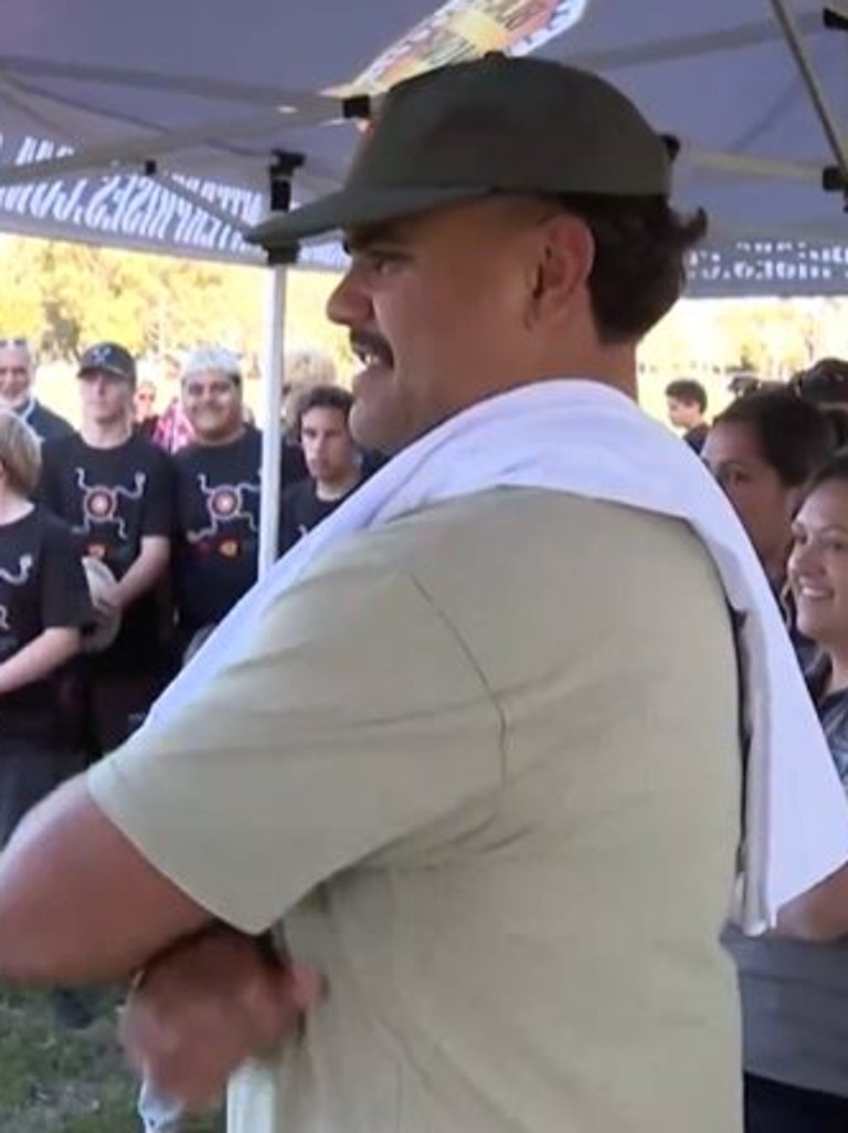 Latrell Mitchell attends a footy clinic the day after Origin.