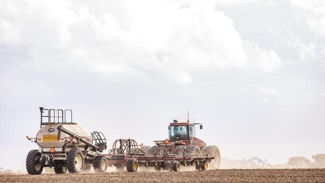 This airseeder was dry sowing at Pura Pura in Victoria’s western district. Picture: Zoe Phillips