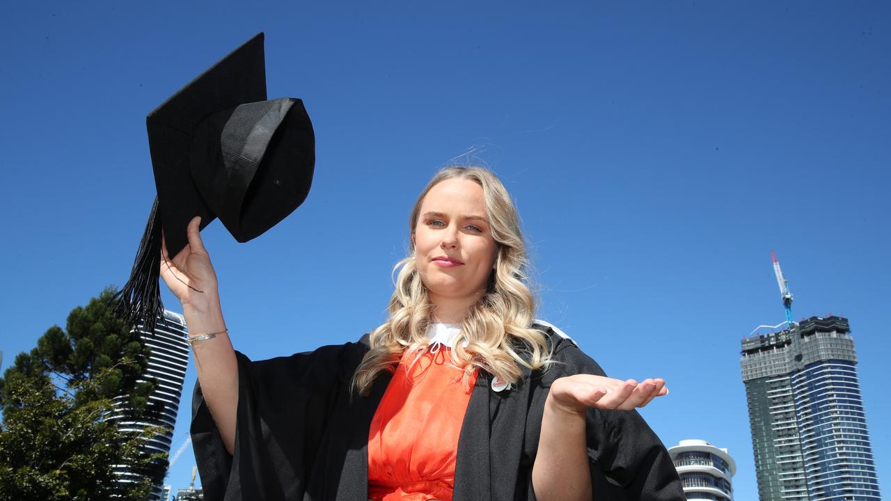 Griffith business school graduation at Gold Coast convention Centre.Students were baneed from throwing their graduation hats and Anabella Johnson from kingscliff couldnt beleive it. Picture Glenn Hampson