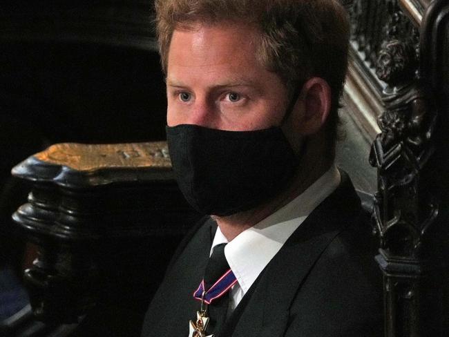 WINDSOR, ENGLAND - APRIL 17: Prince Harry, Duke of Sussex attends the funeral of Prince Philip, Duke of Edinburgh in St GeorgeÃ¢â¬â¢s Chapel at Windsor Castle on April 17, 2021 in Windsor, United Kingdom. Prince Philip of Greece and Denmark was born 10 June 1921, in Greece. He served in the British Royal Navy and fought in WWII. He married the then Princess Elizabeth on 20 November 1947 and was created Duke of Edinburgh, Earl of Merioneth, and Baron Greenwich by King VI. He served as Prince Consort to Queen Elizabeth II until his death on April 9 2021, months short of his 100th birthday. His funeral takes place today at Windsor Castle with only 30 guests invited due to Coronavirus pandemic restrictions. (Photo by Yui Mok-WPA Pool/Getty Images) Ã¢â¬â¹*** BESTPIX ***