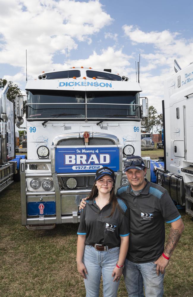 Plainland truck driver Kevin Healy with his daughter Tanisha Riseley at Lights on the Hill Trucking Memorial at Gatton Showgrounds, Saturday, October 5, 2024. Picture: Kevin Farmer