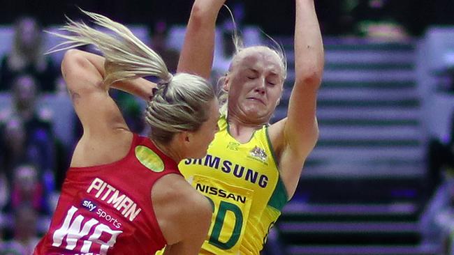 Australia’s Jo Weston getting plenty of attention from Chelsea Pitman. 