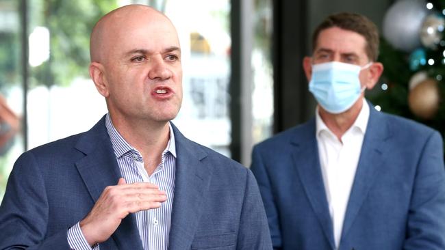 Queensland chief health officer Dr John Gerrard and Treasurer Cameron Dick. Picture: Steve Pohlner