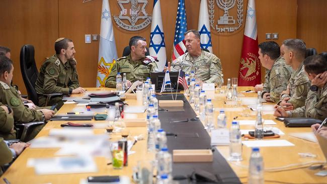 The head of the US military command covering the Middle East, General Michael Kurilla (C-R), meeting with Israel's military chief Lieutenant-General Herzi Halevi, in Tel Aviv. Picture: AFP Photo/Handout/Israeli Army