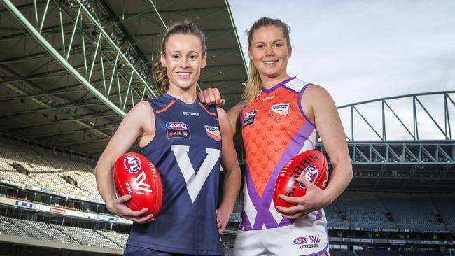 Alicia Eva unveils the Big V jumper she’ll wear against Katie Brennan’s Allies in the AFLW State of Origin clash at Etihad Stadium on Saturday, September 2.