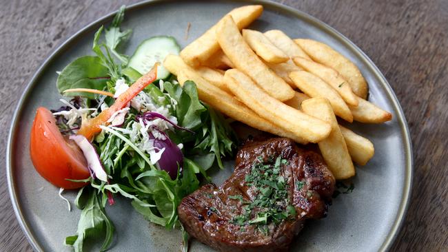 The 200g rump steak with chips and salad at The Paddo tavern. Picture: David Clark
